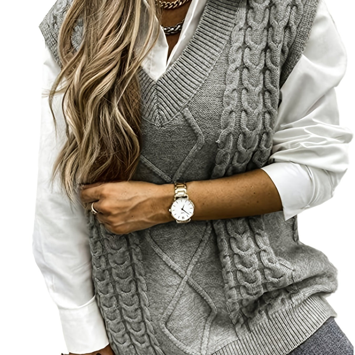 Cozy Cable Knit Sweater Vest for Women with V Neck Sleeveless Oversized Relaxed Style