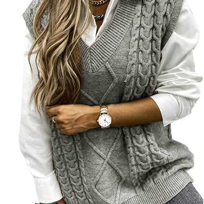Cozy Cable Knit Sweater Vest for Women with V Neck Sleeveless Oversized Relaxed Style