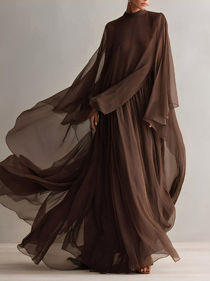 Elegant Brown Maxi Dress for Women with Turtleneck Cape Sleeve Flowing Chiffon Formal Wedding Guest Style