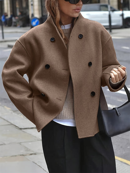 Elegant Camel Wool Pea Coat for Women with Stand Collar Long Sleeve Double Breasted Oversized Style