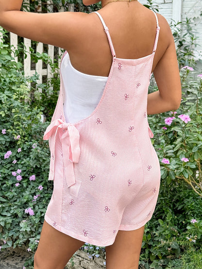 Effortless Striped Bow Print Maternity Romper for Women with Square Neck Sleeveless Tie Side Casual Style