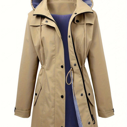 Chic Hooded Rainwear Jacket for Women with Drawstring Waist Zip Front Longline Windbreaker Outdoor Style