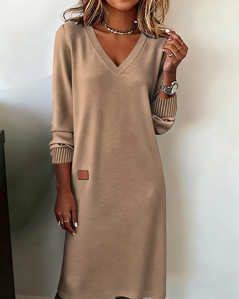 Comfortable Knit Sweater Dress for Women with V Neck Long Sleeve Striped Cuff Relaxed Style