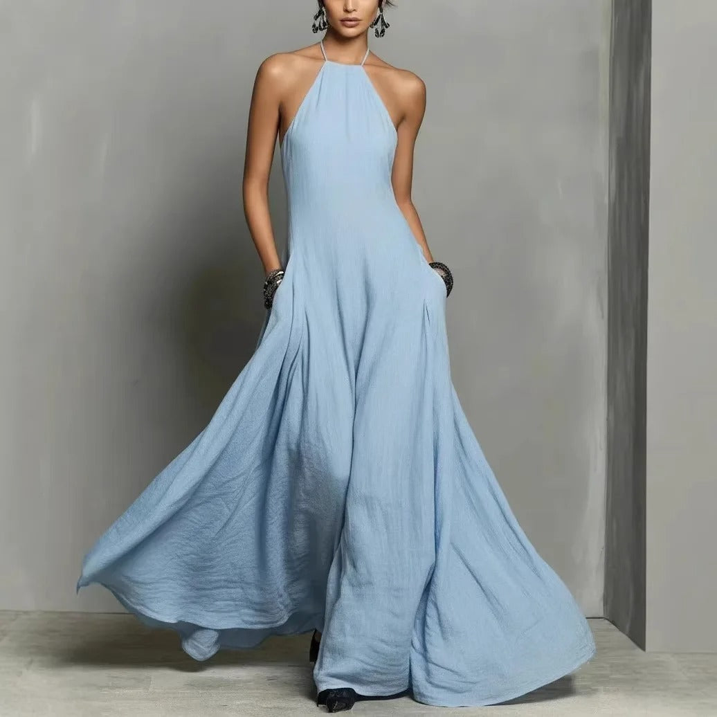 Elegant Maxi Dress for Women with Halter Neck Sleeveless Flowing Formal Style