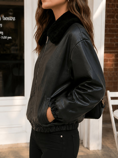 Stylish Black Faux Leather Bomber Jacket for Women with Faux Fur Collar Zip Front Ribbed Trim Moto Style