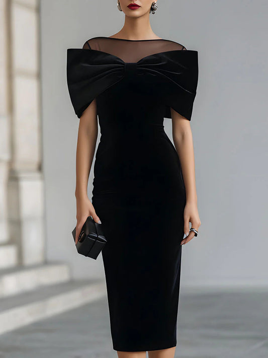 Elegant Black Velvet Midi Dress for Women with Dramatic Bow Mesh Neckline