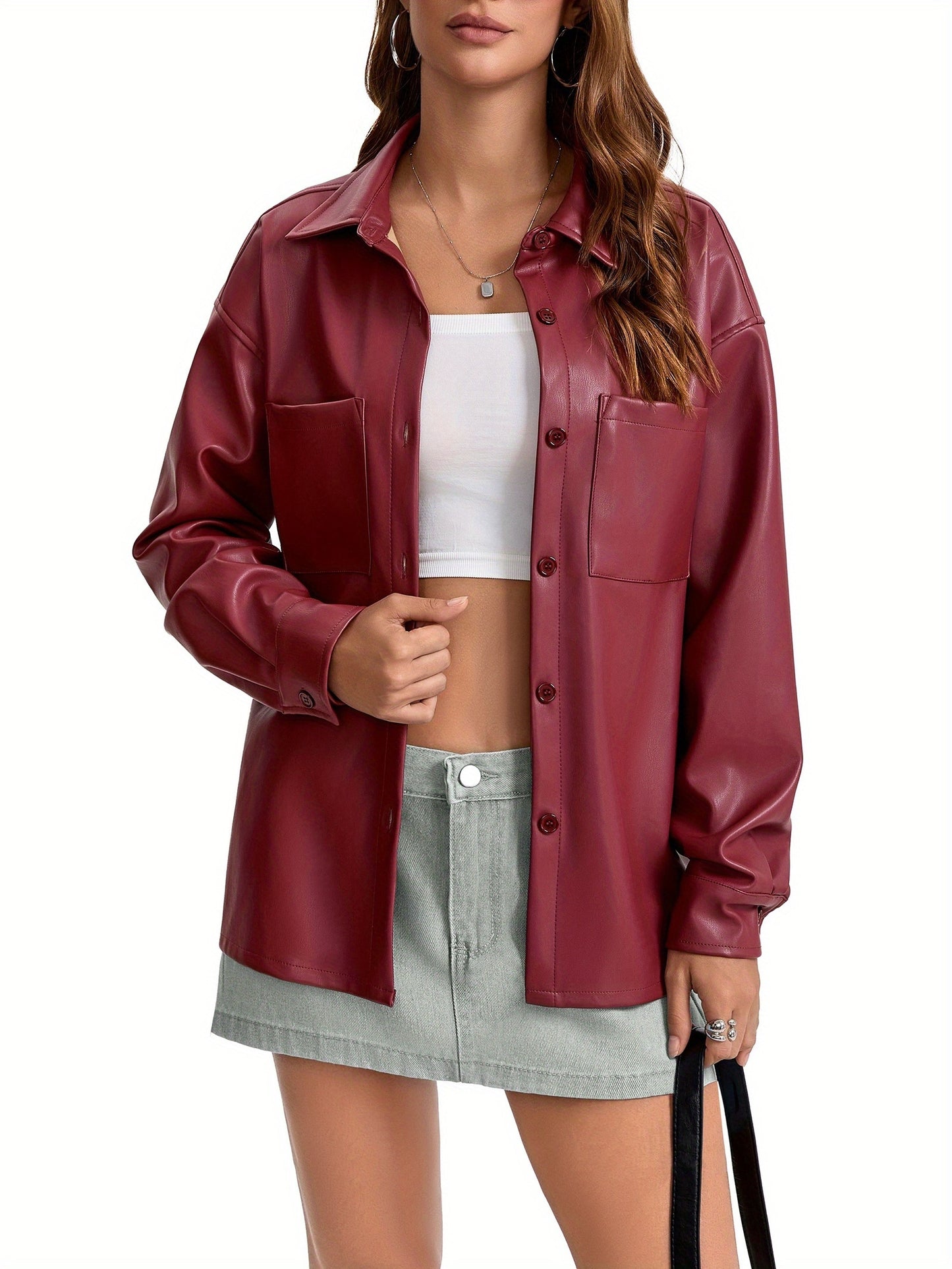 Effortless Leather Jacket for Women with Button Front Collared Oversized Shacket Style