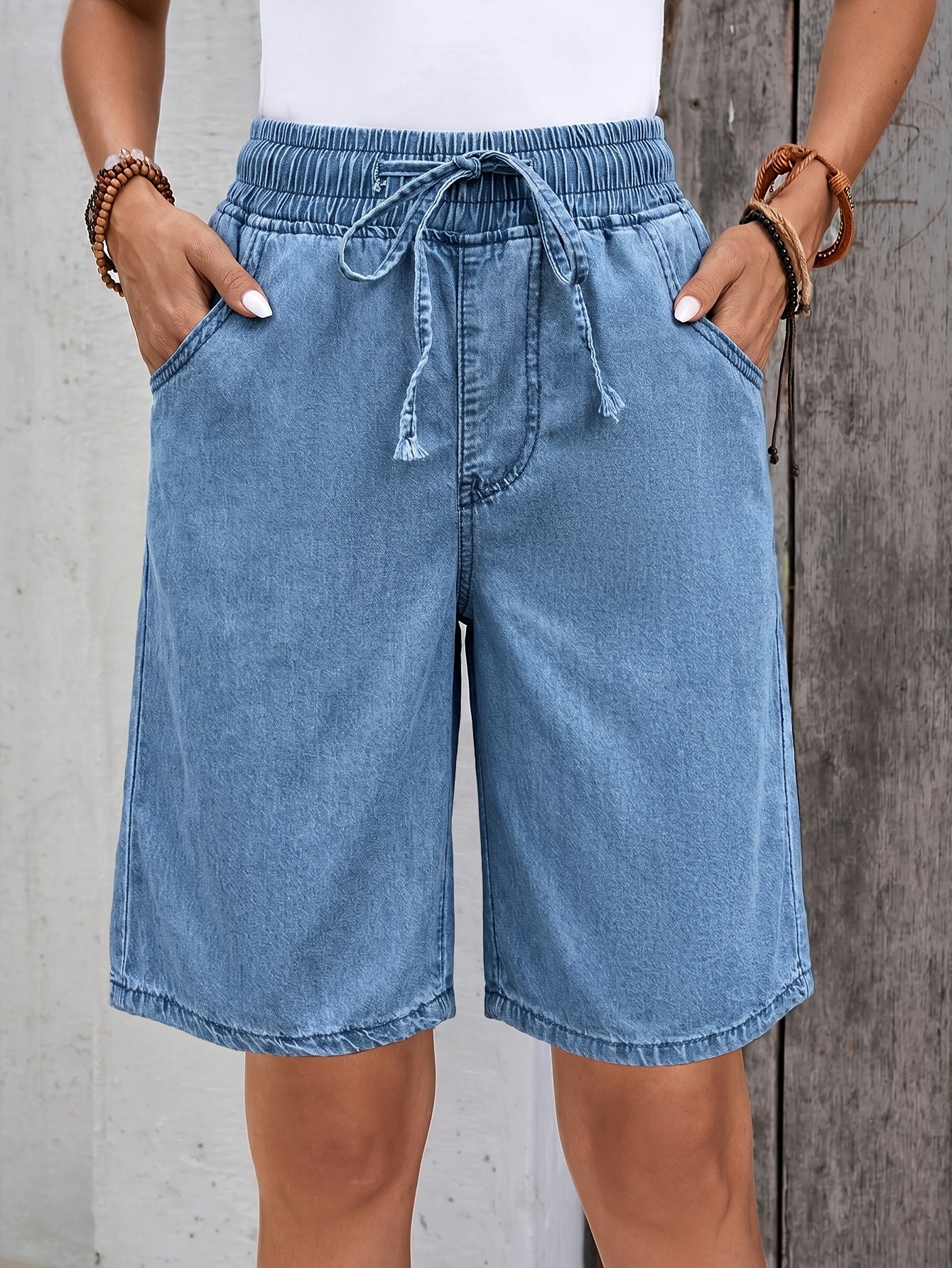Effortless Light Blue Denim Bermuda Jean Shorts for Women with Elastic Drawstring Waist Wide Leg