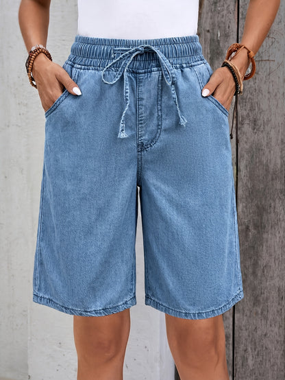 Effortless Light Blue Denim Bermuda Jean Shorts for Women with Elastic Drawstring Waist Wide Leg