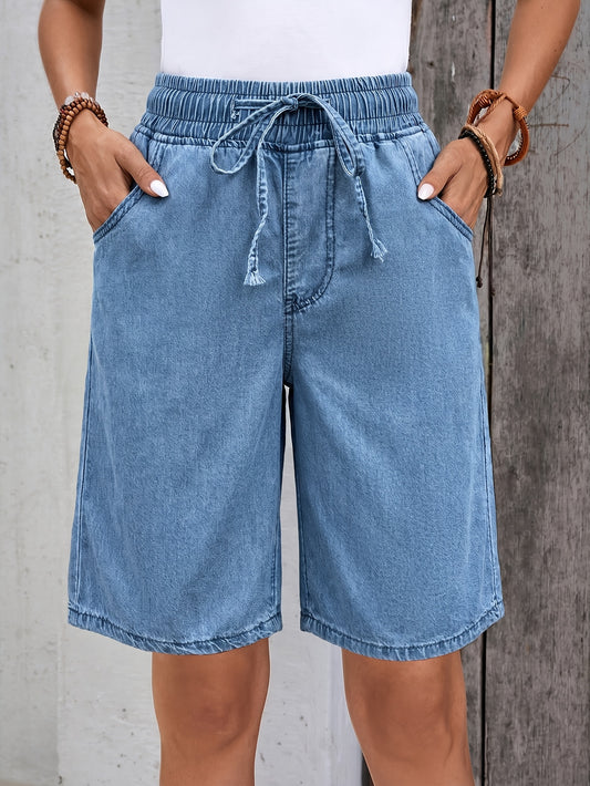 Effortless Light Blue Denim Bermuda Jean Shorts for Women with Elastic Drawstring Waist Wide Leg