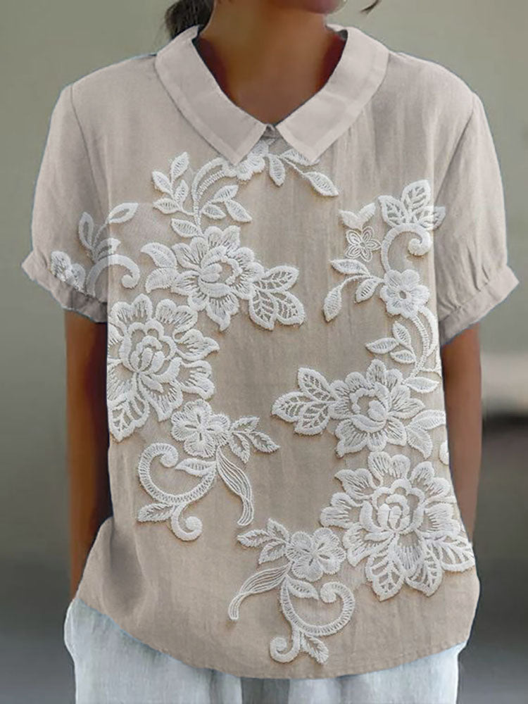 Effortless Floral Embroidered Collar Shirt for Women with Short Sleeve Lace Applique Relaxed Casual Style