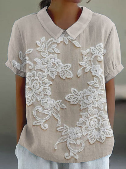 Effortless Floral Embroidered Collar Shirt for Women with Short Sleeve Lace Applique Relaxed Casual Style