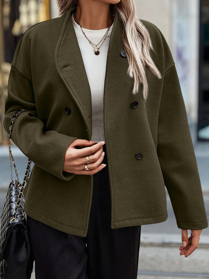 Elegant Dark Green Pea Coat for Women with Stand Collar Long Sleeve Double Breasted Relaxed Style