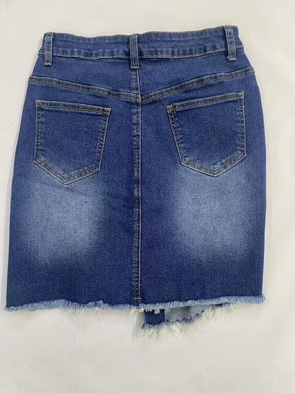 Stylish Blue Denim Mini Skirt for Women with High Waist Ripped Button Front Raw Hem Jean Skirt Style