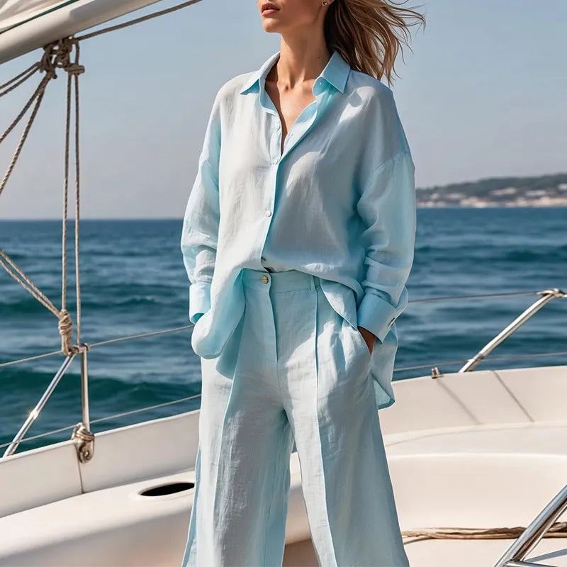 Effortless Linen Shirt Set for Women with Collar Long Sleeve Wide Leg Two Piece Style