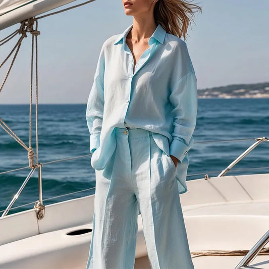 Effortless Linen Shirt Set for Women with Collar Long Sleeve Wide Leg Two Piece Style