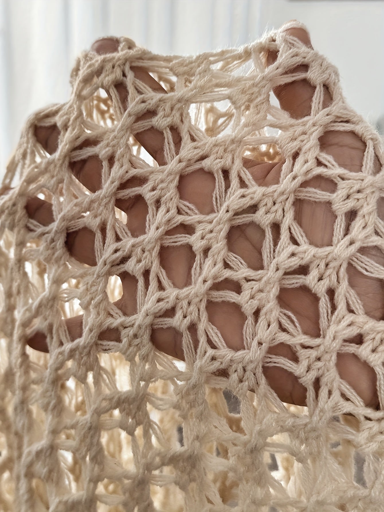 Effortless Beige Crochet Cardigan for Women with Open Front Batwing Sleeve Waterfall Hem Bohemian Style