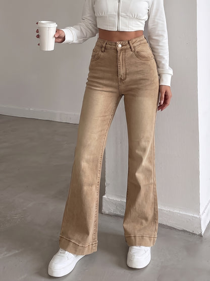 Effortless Brown Wash Flare Jeans for Women with High Waist Button Front Pocket Detail Relaxed Style