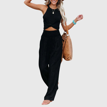 Effortless Black Linen Wide Leg Pants for Women with High Waisted Smocked Waist Relaxed Flowing Casual Style