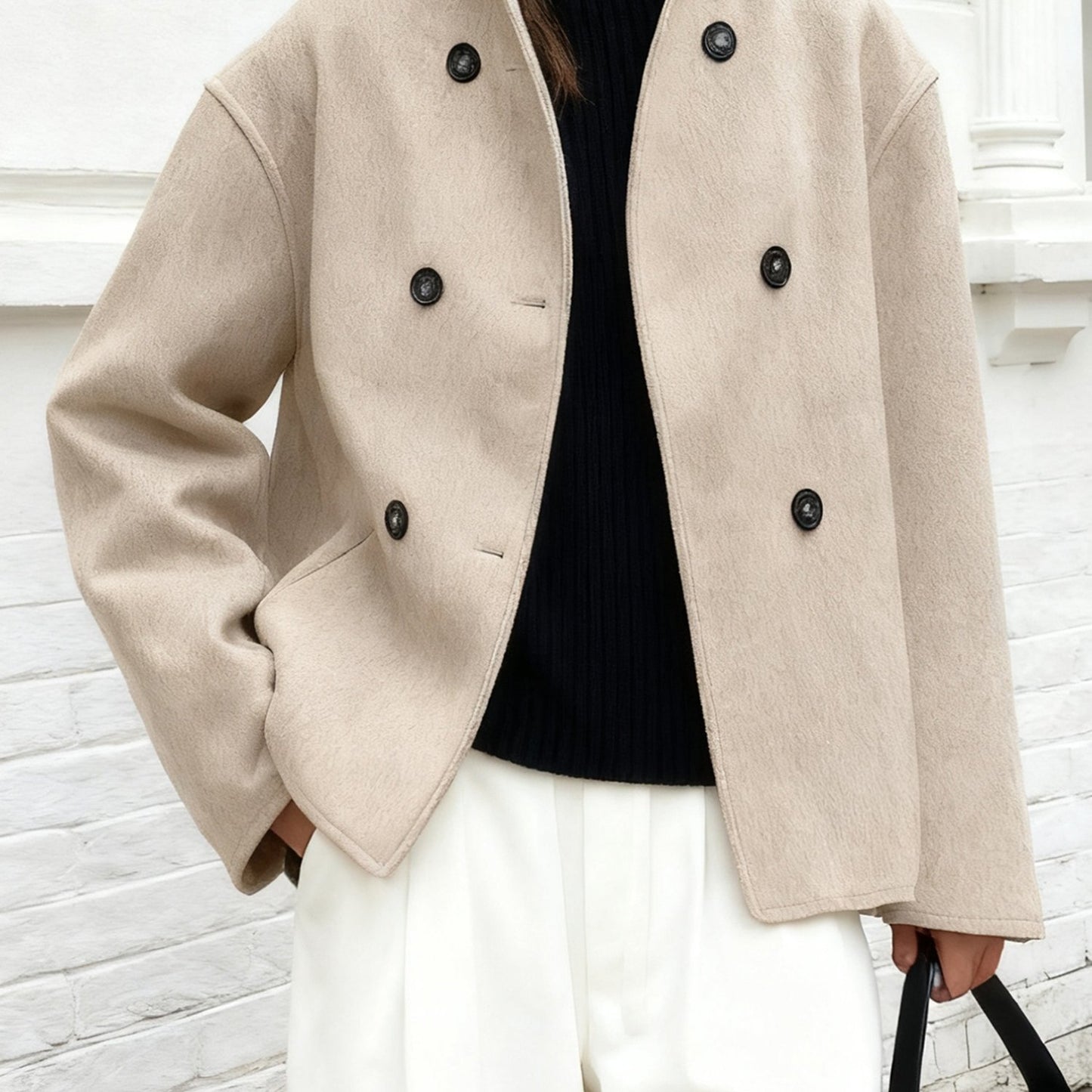 Elegant Wool High Pea Coat for Women with Stand Collar Long Sleeve Double Breasted Cropped Style