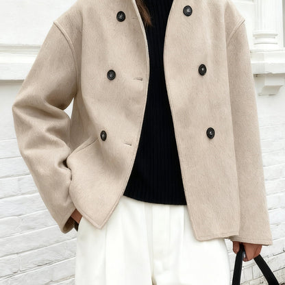 Elegant Wool High Pea Coat for Women with Stand Collar Long Sleeve Double Breasted Cropped Style