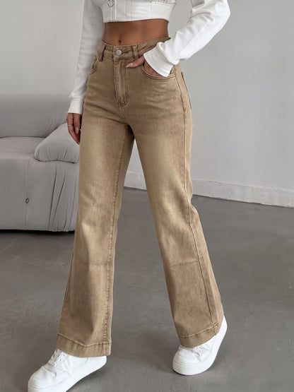 Effortless Brown Wash Flare Jeans for Women with High Waist Button Front Pocket Detail Relaxed Style