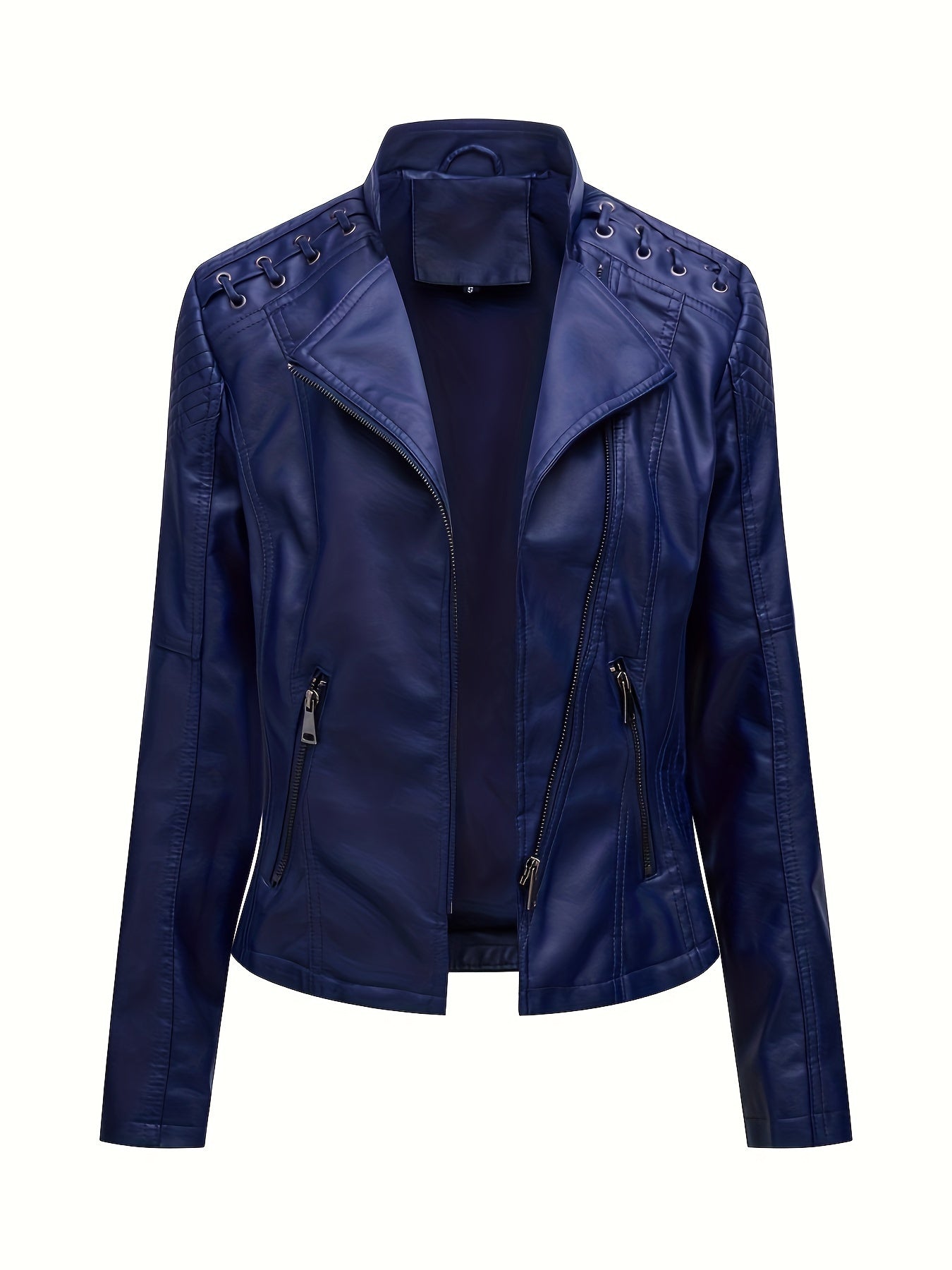 Elegant Leather Moto Jacket for Women with Notch Lapel Zip Front Studded Shoulder