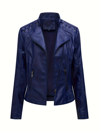 Elegant Leather Moto Jacket for Women with Notch Lapel Zip Front Studded Shoulder