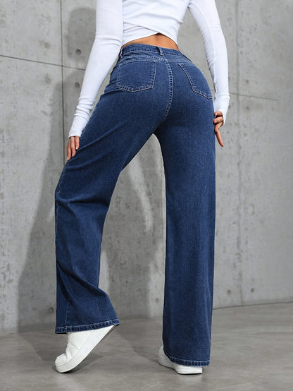Relaxed Blue Wide Leg Jeans for Women with High Waist Flowing Loose Fit Denim Style