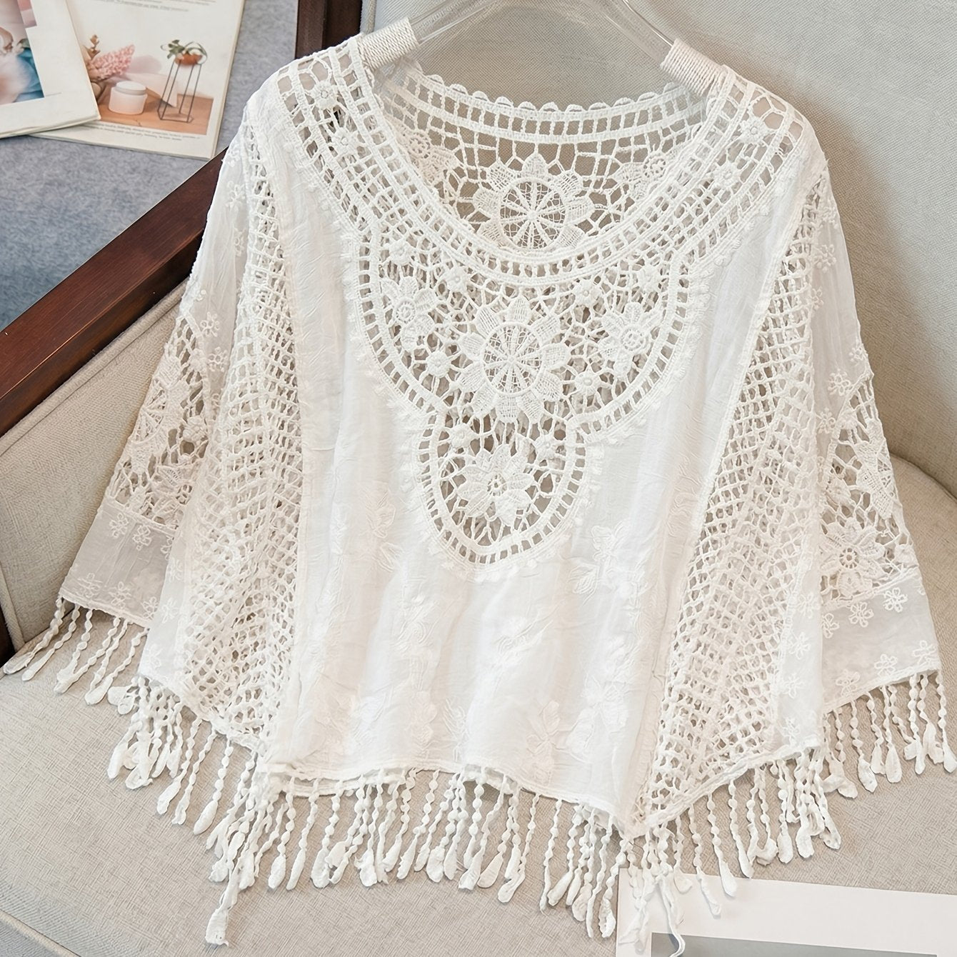 Effortless Cream Poncho Shirt for Women with Crochet Lace Fringe Hem Draped Style