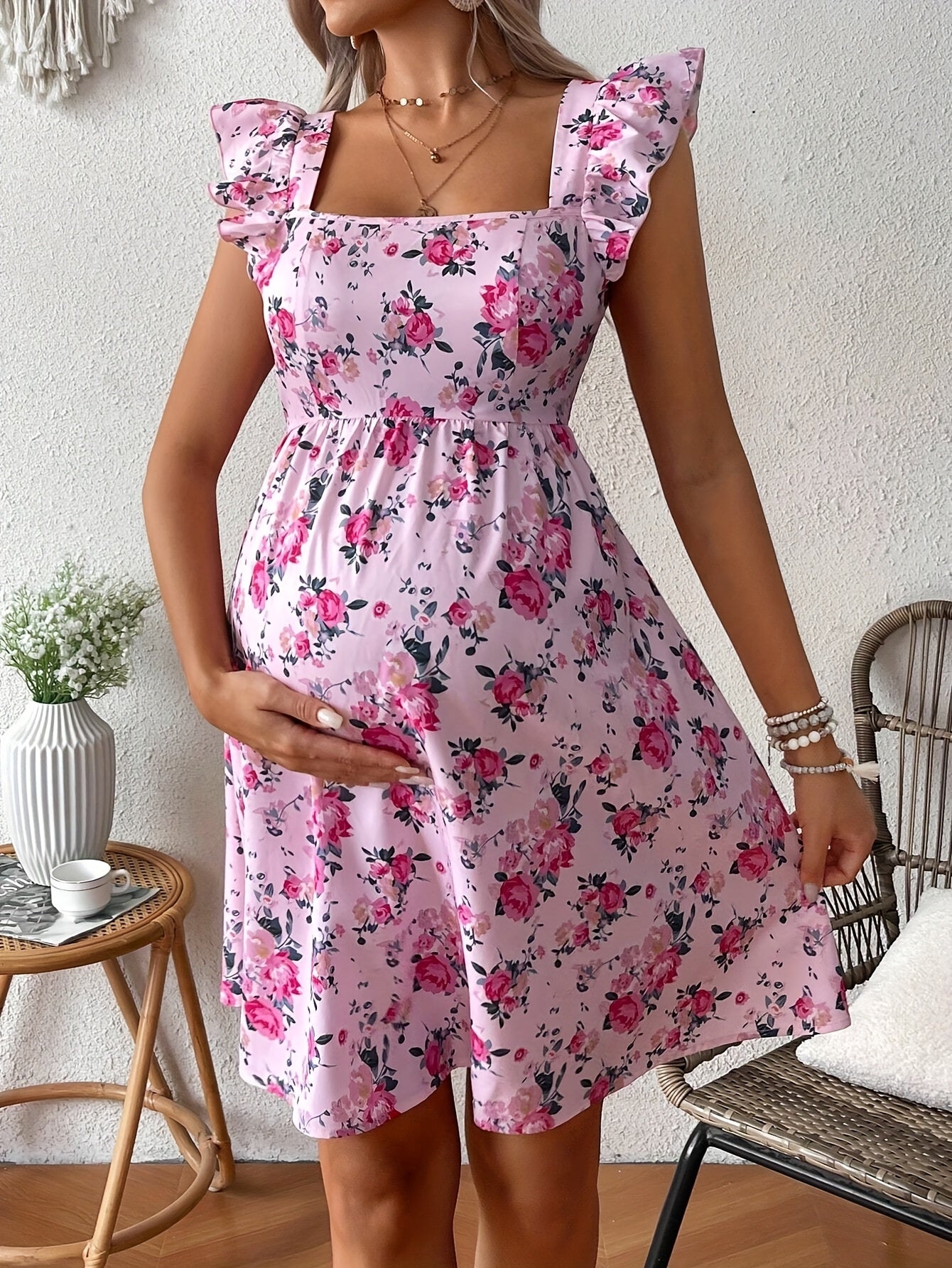 Effortless Floral Maternity Mini Dress for Women with Square Neck Ruffle Sleeve Tie Back Cutout Style