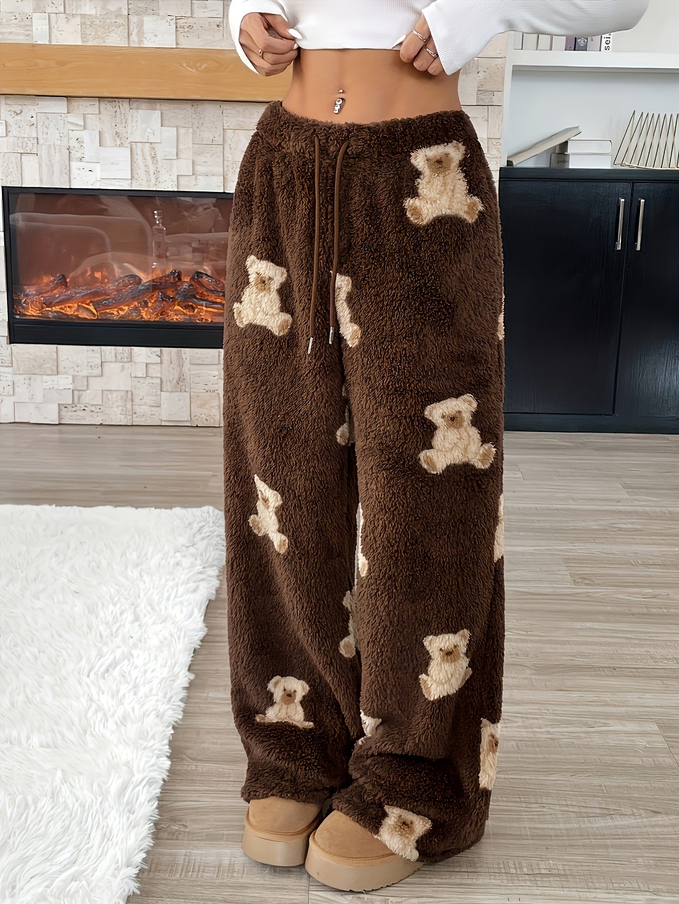 Cozy Brown Teddy Bear Sweatpants for Women with Drawstring Waist Wide Leg Plush Fleece Lounge Style