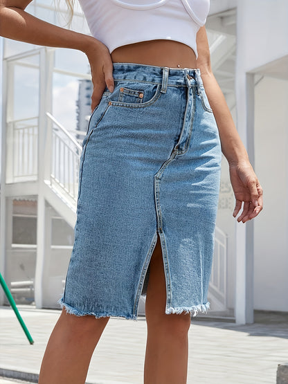 Stylish Light Blue Denim Jean Skirt for Women with High Waist Raw Hem Front Slit Midi Casual Style