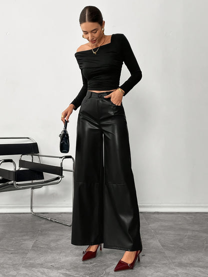 Chic Black Faux Leather Slacks for Women with High Waist Wide Leg Tailored Trouser Style