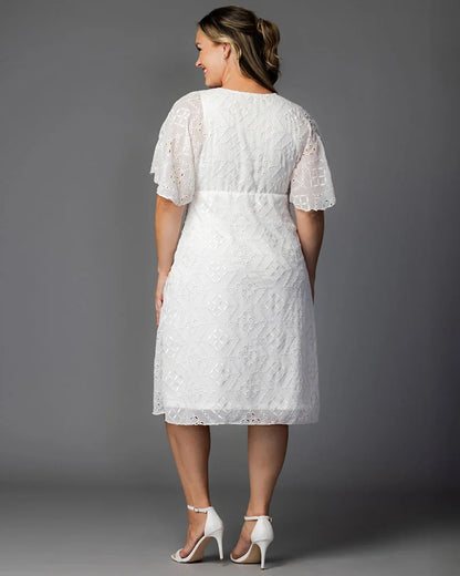 Chic White Cocktail Dress for Women with V Neck Flutter Sleeve Eyelet Fit and Flare Midi Party Style