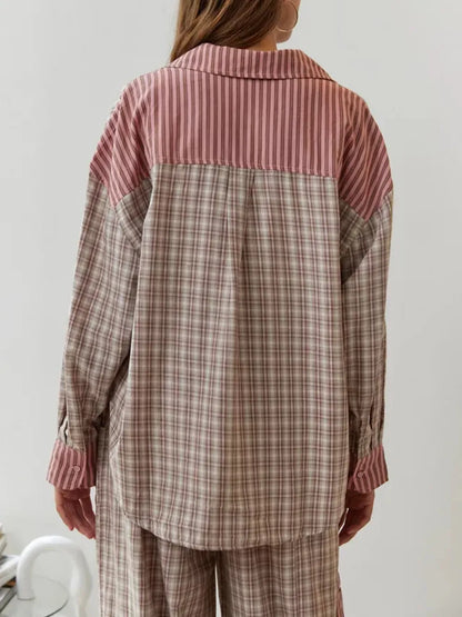 Effortless Striped Plaid Pajama Set for Women with Collar Long Sleeve Wide Leg Two Piece Style