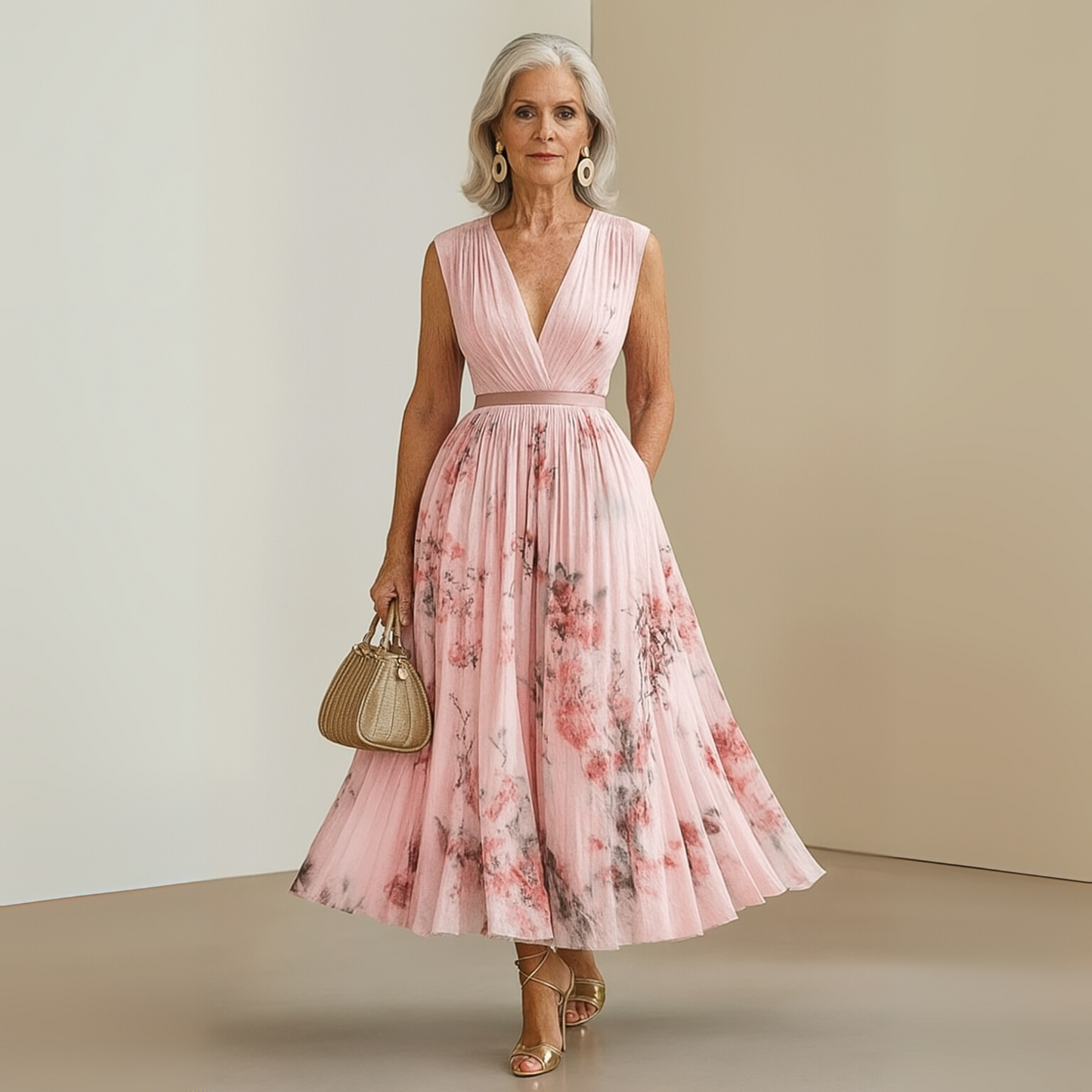 Elegant Floral Midi Dress for Women with V Neck Sleeveless Pleated Skirt Belted Waist Formal Style