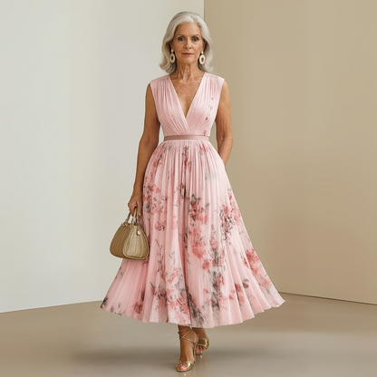 Elegant Floral Midi Dress for Women with V Neck Sleeveless Pleated Skirt Belted Waist Formal Style