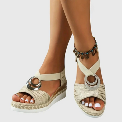 Comfortable Orthopedic Sandals for Women with T-Strap Elastic Band Espadrille Platform Metal Ring Open Toe Style
