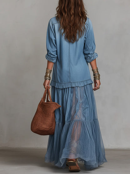 Effortless Maxi Dress for Women with Button-Front Shirt Collar Sheer Tiered Skirt