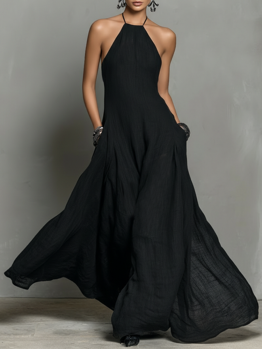 Elegant Black Maxi Dress for Women with Halter Neck Sleeveless Open Back Flowing Linen Casual Summer Style