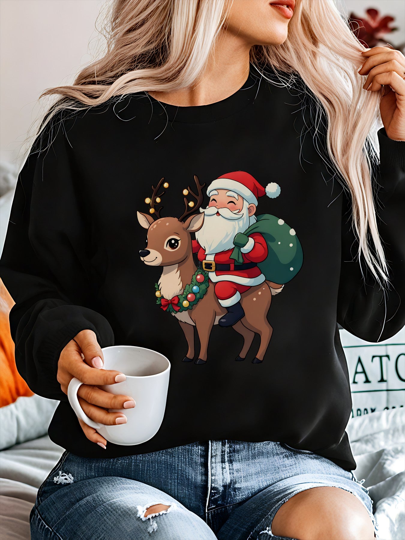 Cozy Graphic Christmas Tacky Sweater for Women with Crew Neck Long Sleeve Santa Reindeer Print Pullover Style