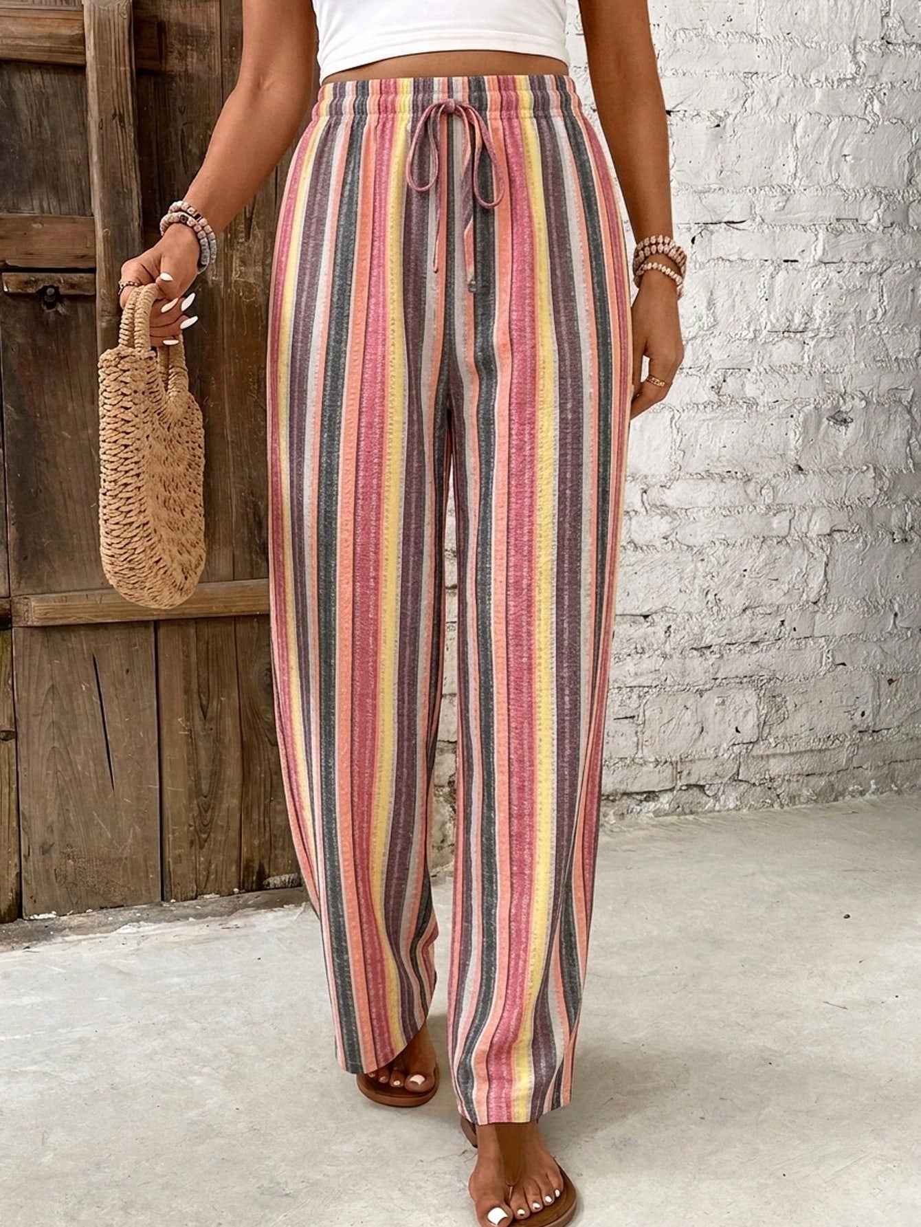 Effortless Striped Linen Wide Leg Pants for Women with High Waist Drawstring Flowing Casual Style