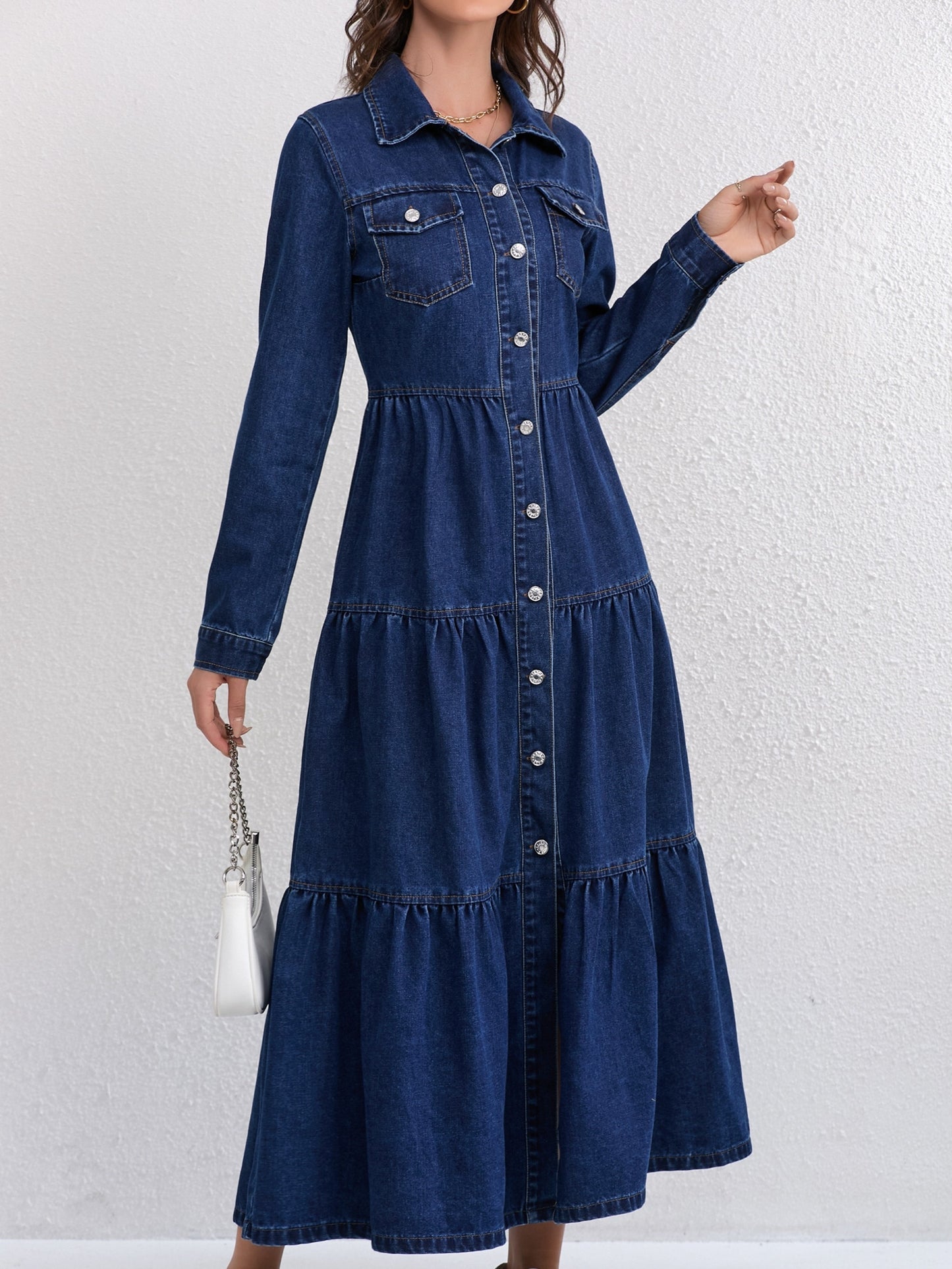 Effortless Blue Denim Dress for Women with Collar Long Sleeve Button Front Tiered Maxi Style