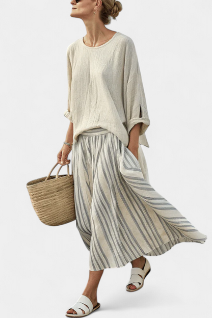 Effortless Beige Two Piece Set for Women with Loose Linen Blouse Striped Midi Skirt Casual Style