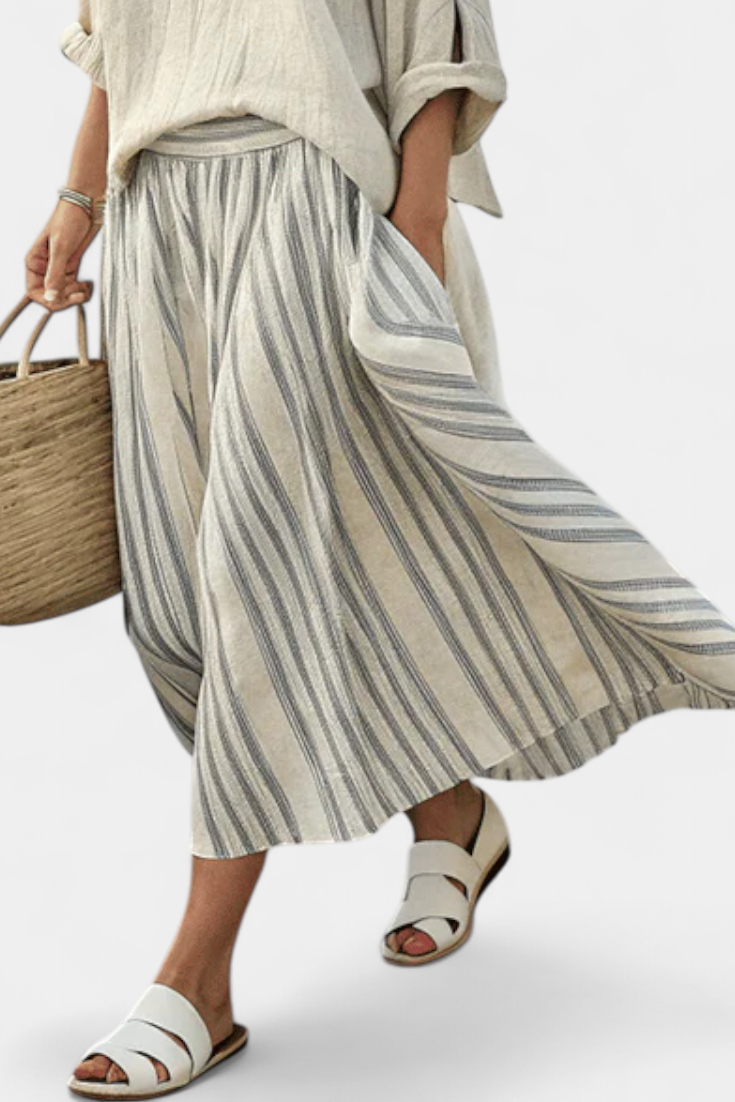 Effortless Beige Two Piece Set for Women with Loose Linen Blouse Striped Midi Skirt Casual Style