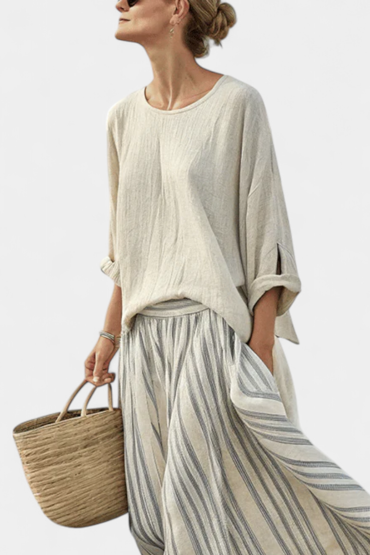 Effortless Beige Two Piece Set for Women with Loose Linen Blouse Striped Midi Skirt Casual Style