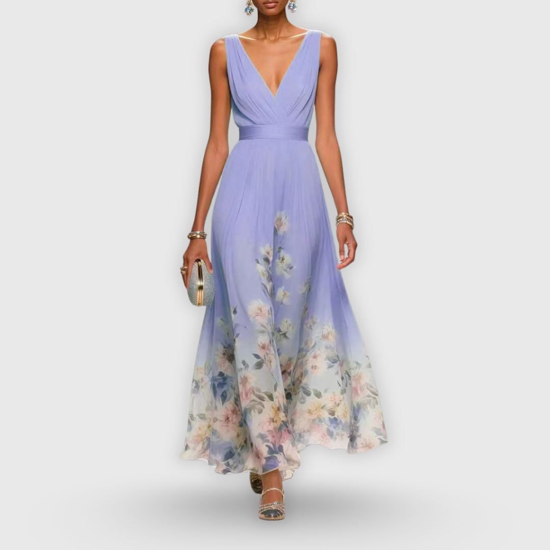 Elegant Floral Maxi Dress for Women with Deep V Neck Sleeveless Chiffon Flowy Summer Style