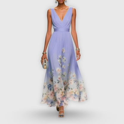 Elegant Floral Maxi Dress for Women with Deep V Neck Sleeveless Chiffon Flowy Summer Style