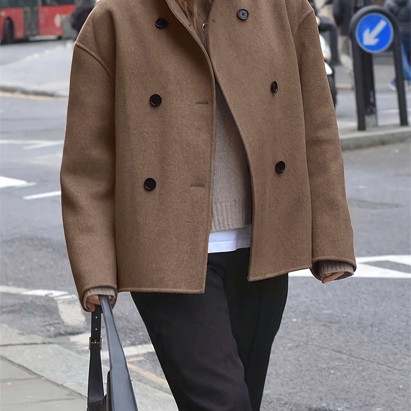 Elegant Camel Wool Pea Coat for Women with Stand Collar Long Sleeve Double Breasted Oversized Style